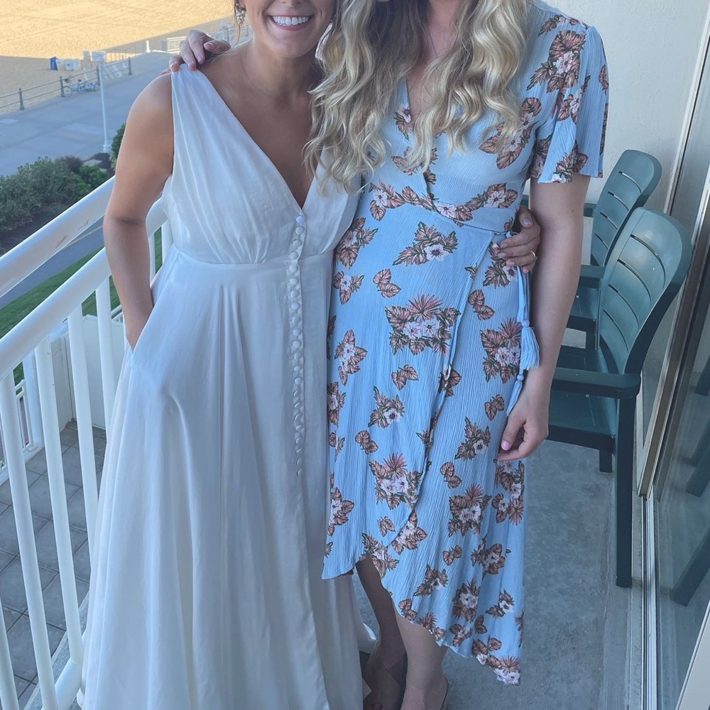 Blue floral wrap dress